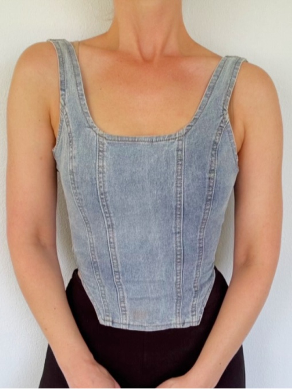 Handmade blue denim corset style square neck stretch sleeveless top size XXS